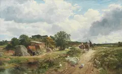 Samuel Bough Rsa, Figures on a common approaching a farm steading with gaggle of geese, oil on canvas