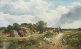 Samuel Bough Rsa, Figures on a common approaching a farm steading with gaggle of geese, oil on canvas