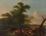 Balthasar-Paul Ommeganck, A cattle drover resting with his herd, oil on panel
