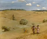 Hans Thoma, Hügelige Landschaft (mit dem Künstlerpaar vorne rechts?), Um 1889, Öl auf Papier auf Leinwand