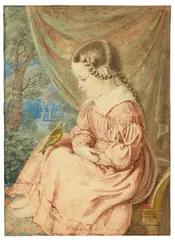 Ludwig Emil Grimm, Die fünfjährige Ideke (Friederike) Grimm, die Tochter des Künstlers im roten Kleid mit einem Vogel, Profilbildnis, 1839, Aquarell über Bleistift auf Papier