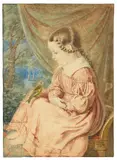 Ludwig Emil Grimm, Die fünfjährige Ideke (Friederike) Grimm, die Tochter des Künstlers im roten Kleid mit einem Vogel, Profilbildnis, 1839, Aquarell über Bleistift auf Papier