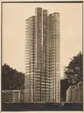 Ludwig Mies van der Rohe, Gläserner Wolkenkratzer, Modell mit Staffage des Bildhauers Oswald Herzog. Nicht ausgeführtes Projekt von 1922 / Photo: Curt Rehbein, 1922