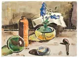 Stilleben mit Steinhägerkrug by Karl Schmidt-Rottluff, 1943, Aquarell und Tuschpinsel auf leicht genarbtem Papier, sold Jun 2015