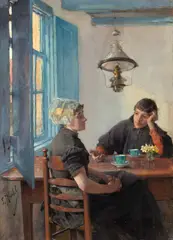Gotthardt Kuehl, Paar am Teetisch“. Ende 1880er Jahre, Öl auf Leinwand