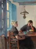 Gotthardt Kuehl, Paar am Teetisch“. Ende 1880er Jahre