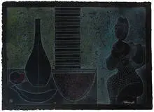 Vladimir Cora, Still Life With Bottles (4), c. 1990, Color Mixograph on handmade paper