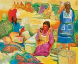 Jorge Ochoa, Bodegón con Tunas, Market Day & Romantic Couple I (3), A: Acrylic on linen; B: Oil and acrylic on linen; C: Oil and acrylic on canvas
