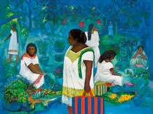 Jorge Ochoa, De Compras, Birthday on the Ranch & Mayan Indian Women (3), 1994-1995, A: Oil and acrylic on linen; B: Acrylic on canvas; C: Oil and acrylic on linen