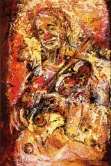 Ignacio Salazar, Clown Playing the Violin & Untitled (Group of Women) (2), 1980, Mixed media on canvas and oil on canvas