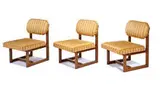 Frank Lloyd Wright, Dining suite (7), c. 1955, Mahogany, brass, upholstery