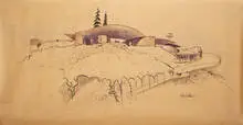 John Lautner, Architectural Study of Silvertop (Reiner-Burchill Residence), c. 1956, Mimeograph with hand coloring on paper