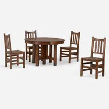 Dining suite by Stickley Brothers, c. 1906, oak, leather, sold Aug 2024