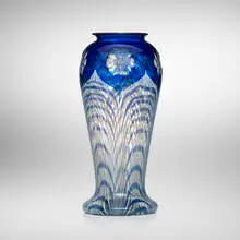 Durand, Peacock Feather vase with carved flowers, c. 1930, hand-blown glass