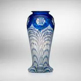 Durand, Peacock Feather vase with carved flowers, c. 1930, hand-blown glass