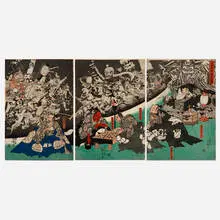 Kuniyoshi Utagawa, Minamoto Yorimitsu (Raiko) ko no yakata ni tsuchigumo yokai o nasu zu (triptych), c. 1843, woodcut in colors