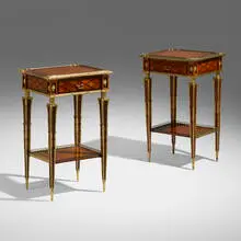 Louis XVI style inlaid side tables, near pair by Donald Ross, sold Aug 2024