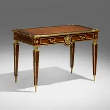Donald Ross, Louis XVI style inlaid desk, c. 1880, mahogany, mixed wood inlay, satinwood, gilt metal