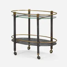 Trolley by Mathieu Matégot, c. 1960, saddle-stitched leather over steel, beveled glass, brass, marble, sold Aug 2024