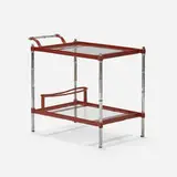 Jacques Adnet, Bar cart, c. 1950, saddle-stitched leather, chrome-plated brass, glass