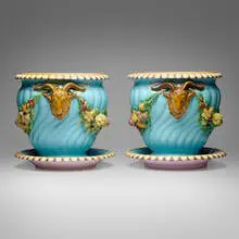 Minton & Co., Majolica jardinières with trays, pair, c. 1870, glazed earthenware