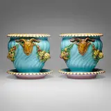 Minton & Co., Majolica jardinières with trays, pair, c. 1870, glazed earthenware