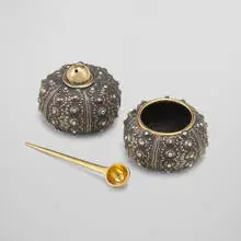Pedro Boregaard, Sea Urchin salt and pepper set with spoon, c. 2010, sterling silver, 18k yellow gold