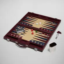 Camusso, Attaché case backgammon set, c. 1980, leather, sterling silver, steel, acrylic