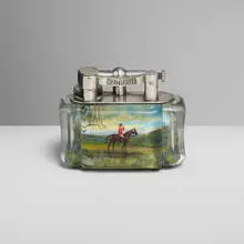 Dunhill, Rare and Exceptional Fox Hunt aquarium table lighter with horse and foxhound, c. 1950, hand-painted reverse intaglio Perspex, chrome-plated brass