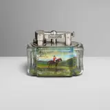 Dunhill, Rare and Exceptional Fox Hunt aquarium table lighter with horse and foxhound, c. 1950, hand-painted reverse intaglio Perspex, chrome-plated brass