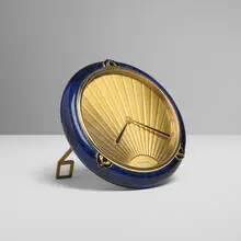 'Art Déco' Lapis table clock by Claude Moliterni, c. 1989, brass, gilt brass, enameled metal, acrylic, sold Jul 2024