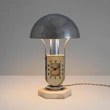 Mofem, Table lamp with clock, c. 1930, nickel-plated brass, marble, glass