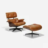 Charles and Ray Eames, special-order 670 lounge chair and 671 ottoman, 1956, rosewood plywood, leather, enameled aluminum, rubber