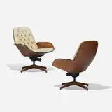 George Mulhauser, Mr. Chair lounge chairs, pair, c. 1960, walnut plywood, vinyl, enameled steel