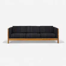Milo Baughman, sofa, c. 1955, olive burl, Paul Smith upholstery