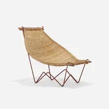 rare Duyan lounge chair by John Risley, c. 1952, cane, enameled steel, teak, sold Sep 2015