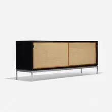 Florence Knoll, cabinet, c. 1960, laminate, grass cloth, chrome-plated steel, walnut, leather