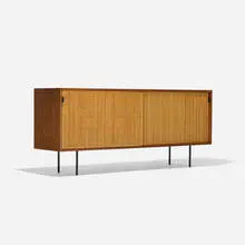cabinet, model 116 by Florence Knoll, 1948, walnut, caning, enameled steel, leather, sold Sep 2015