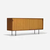 Florence Knoll, cabinet, model 116, 1948, walnut, caning, enameled steel, leather