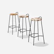 Muriel Coleman, stools, set of three, c. 1950, enameled steel, cowhide