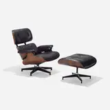Charles and Ray Eames, 670 lounge chair and 671 ottoman, walnut plywood, rosewood plywood, leather upholstery, enameled and brushed aluminum