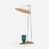 Mitchell Bobrick, floor lamp, 1949, chrome-plated steel, fiberglass, glazed ceramic, birch, enameled aluminum