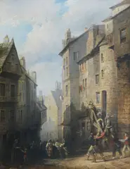 Thomas Allom, West Bow, Edinburgh (the condemned Covenanters led to execution), oil on canvas