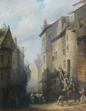 Thomas Allom, West Bow, Edinburgh (the condemned Covenanters led to execution), oil on canvas