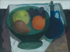 Sill life of fruit in a green bowl by William Crosbie Rsa Rgi, oil on canvas laid to board, sold Dec 2024
