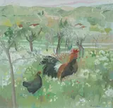 Rsw Brenda Lenaghan, Chickens in an orchard, gouache