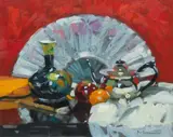 Jack Morrocco, Chinese Vase and Fan, oil on canvas