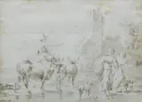 Nicolaes Berchem de Jonge, Cattle and figures, ink and wash