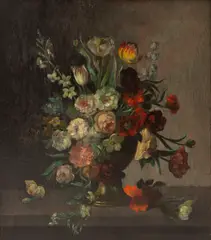 Franz Xaver Petter, Still life with flowers on a stone ledge, oil on panel