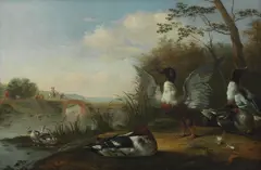 Ducks on a river bank with shooting party in the distance by Marmaduke Craddock, oil on canvas, sold Sep 2024